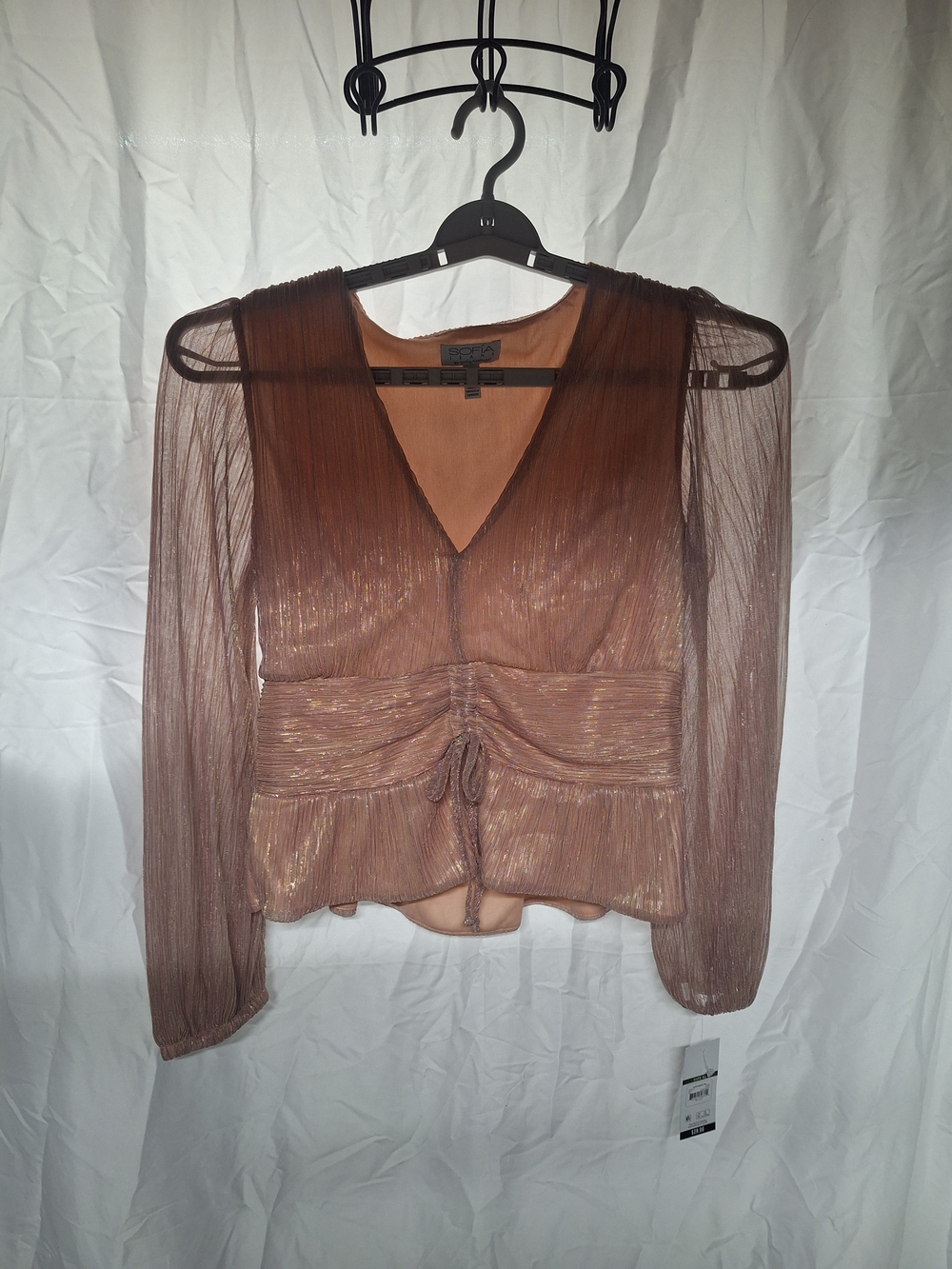 sofia by sofia vergara Metallic Sheer Arms Pink V-Neck Ruched Blouse